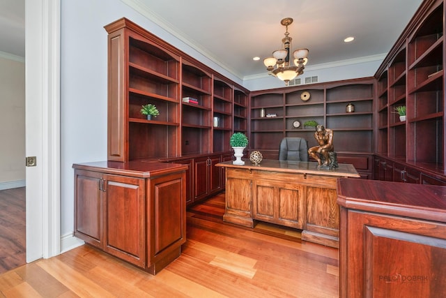 2426 Lexington Dr, Long Grove, IL 60047 - office featuring built in study area, crown molding, light wood-style flooring, and a chandelier