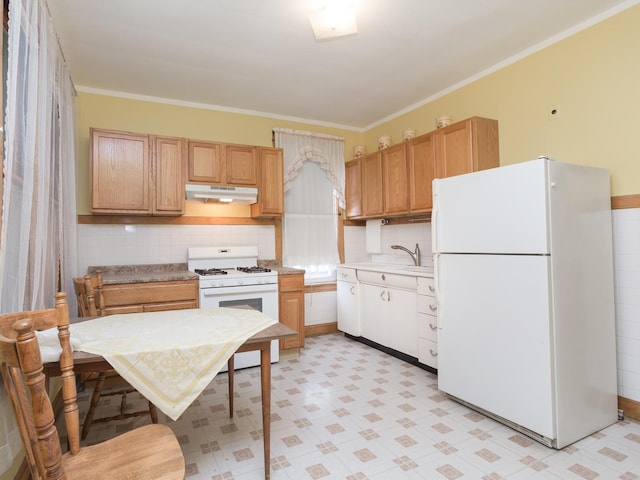 4249 W Melrose St, Chicago, IL 60641 - kitchen with white appliances, under cabinet range hood, crown molding, backsplash, and light floors