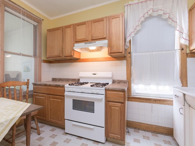 4249 W Melrose St, Chicago, IL 60641 - kitchen with tasteful backsplash, white range with gas cooktop, crown molding, under cabinet range hood, and light floors