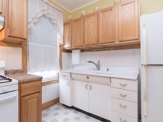 4249 W Melrose St, Chicago, IL 60641 - kitchen with light countertops, white appliances, crown molding, backsplash, and light floors