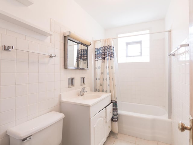 4249 W Melrose St, Chicago, IL 60641 - bathroom with shower / bath combination with curtain, vanity, toilet, tile walls, and tile patterned floors