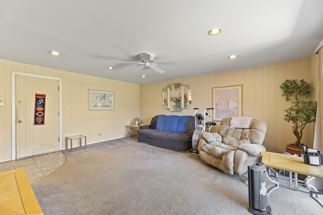 living area featuring recessed lighting, carpet, and ceiling fan