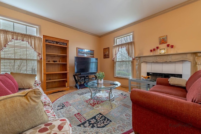 851 Bluestem Dr, Bolingbrook, IL 60440 - living area featuring wood finished floors, a fireplace, and ornamental molding