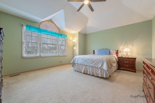851 Bluestem Dr, Bolingbrook, IL 60440 - bedroom featuring light colored carpet, a ceiling fan, visible vents, lofted ceiling, and baseboards