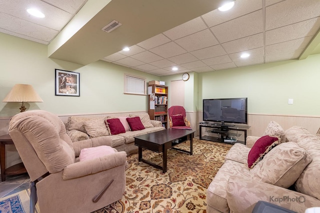 851 Bluestem Dr, Bolingbrook, IL 60440 - living area featuring visible vents, recessed lighting, a paneled ceiling, and wainscoting