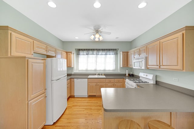 9154 Arbour Walk Dr, Frankfort, IL 60423 - kitchen featuring white appliances, light brown cabinets, a peninsula, ceiling fan, and recessed lighting