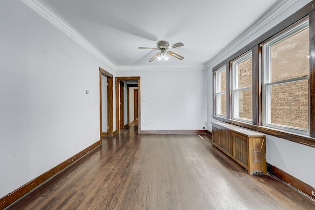 5048 W Wrightwood Ave, Chicago, IL 60639 - empty room featuring radiator, wood finished floors, ornamental molding, and a ceiling fan