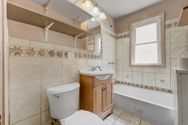 5048 W Wrightwood Ave, Chicago, IL 60639 - full bath featuring tile walls, vanity, washtub / shower combination, and tile patterned flooring