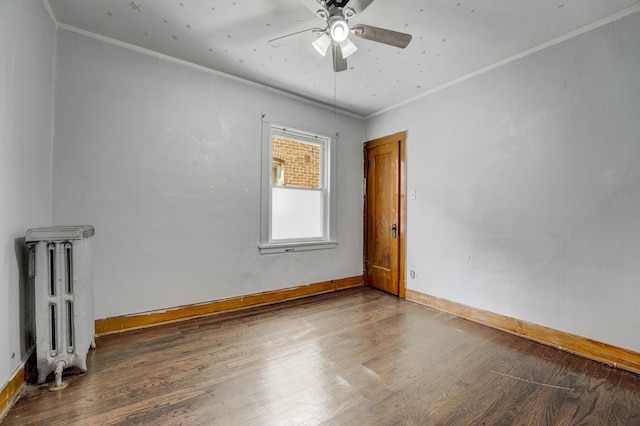 5048 W Wrightwood Ave, Chicago, IL 60639 - empty room featuring radiator heating unit, wood finished floors, ceiling fan, and crown molding