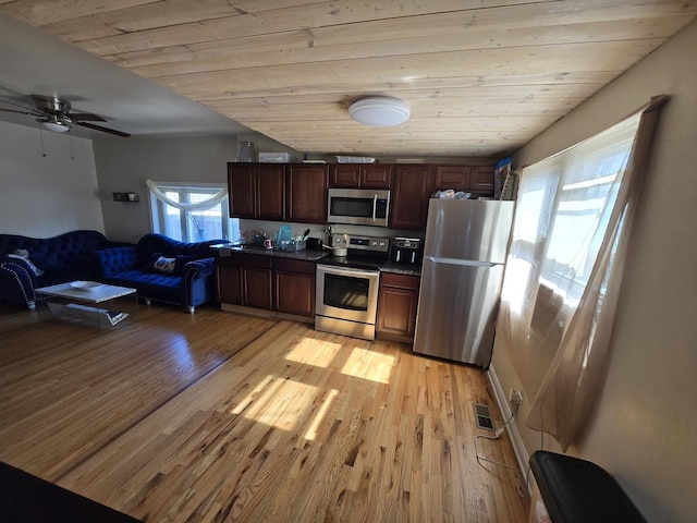 5750 W 65th St, Chicago, IL 60638 - kitchen with visible vents, light wood-type flooring, appliances with stainless steel finishes, and wooden ceiling