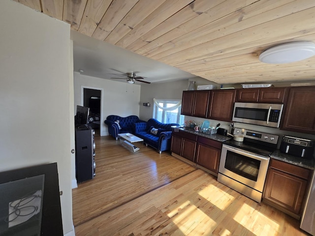 5750 W 65th St, Chicago, IL 60638 - kitchen featuring light wood-type flooring, a ceiling fan, appliances with stainless steel finishes, wooden ceiling, and open floor plan