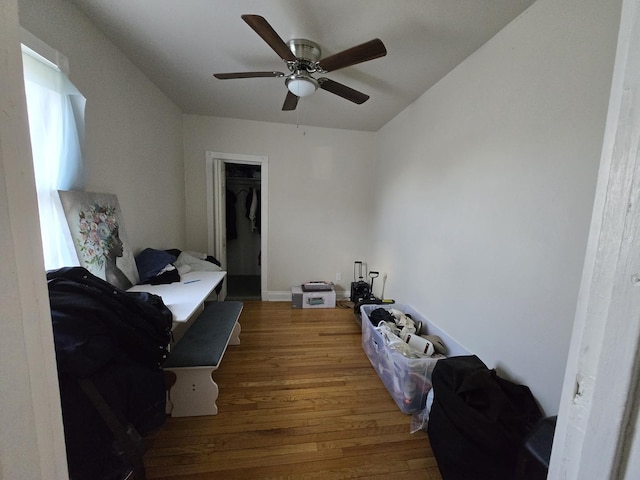 5750 W 65th St, Chicago, IL 60638 - bedroom with a walk in closet, a closet, a ceiling fan, and wood finished floors