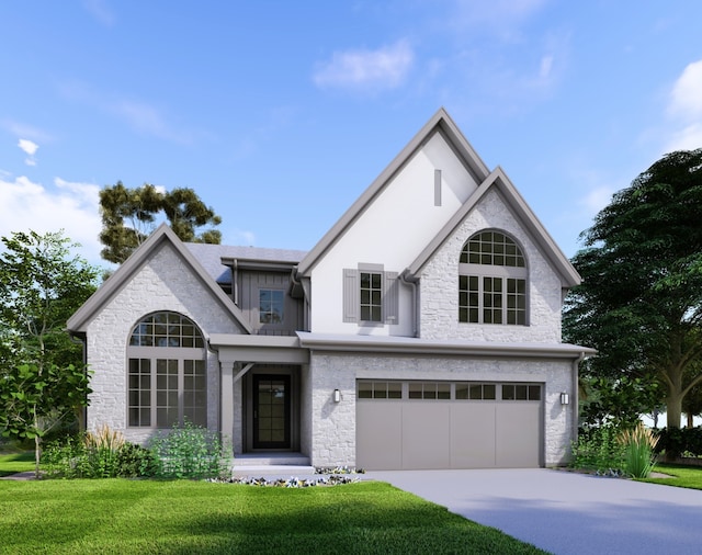4933 Woodward Ave, Downers Grove, IL 60515 - view of front facade with stucco siding, driveway, stone siding, an attached garage, and a front lawn