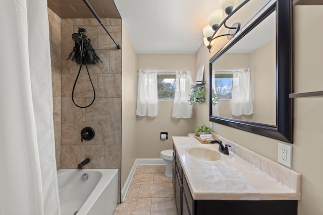 full bath featuring toilet, shower / tub combo, baseboards, and vanity