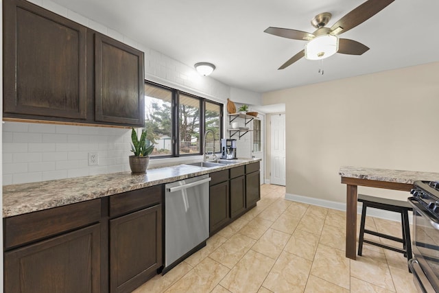 kitchen with a sink, a ceiling fan, dark brown cabinetry, and dishwasher