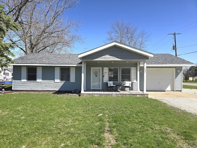 single story home with driveway, a front yard, a porch, a garage, and a shingled roof