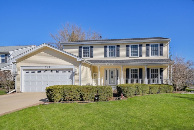 view of front of house featuring concrete driveway, a front yard, a porch, and an attached garage