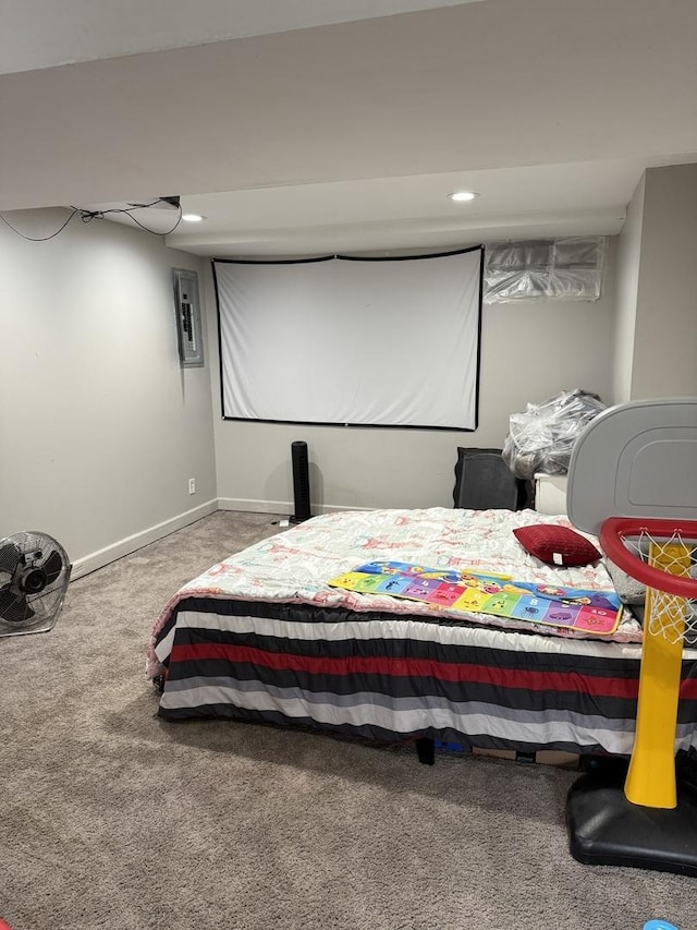 carpeted home theater with electric panel and baseboards