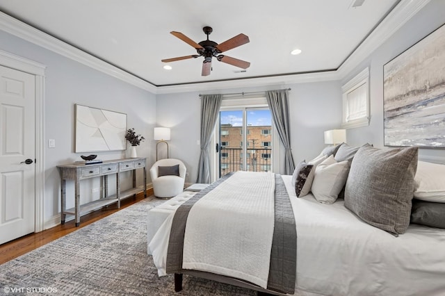 bedroom featuring access to outside, recessed lighting, crown molding, a ceiling fan, and wood finished floors