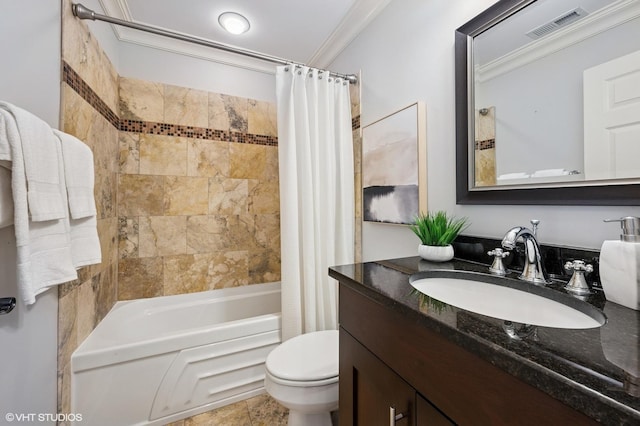 full bathroom featuring vanity, shower / bath combination with curtain, crown molding, toilet, and visible vents