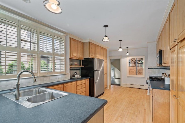 820 Lake Ave, Wilmette, IL 60091 - kitchen with a sink, appliances with stainless steel finishes, a baseboard heating unit, dark countertops, and backsplash