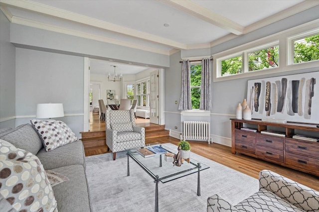 820 Lake Ave, Wilmette, IL 60091 - living area with radiator, a chandelier, healthy amount of natural light, beamed ceiling, and ornamental molding