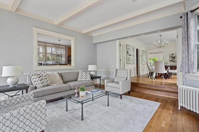 820 Lake Ave, Wilmette, IL 60091 - living area featuring radiator, a chandelier, wood finished floors, beam ceiling, and ornamental molding