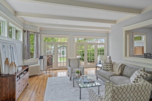 820 Lake Ave, Wilmette, IL 60091 - sunroom featuring french doors, radiator heating unit, and beamed ceiling
