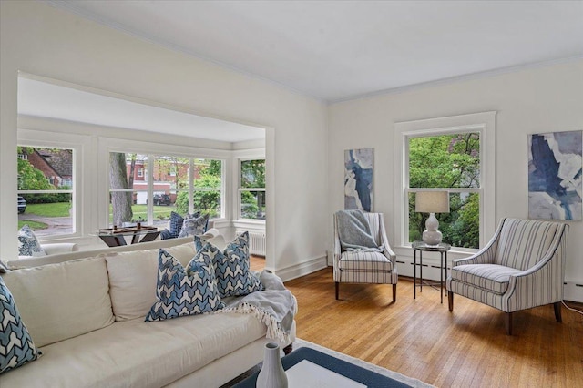 820 Lake Ave, Wilmette, IL 60091 - living room with radiator, plenty of natural light, crown molding, wood finished floors, and a baseboard heating unit