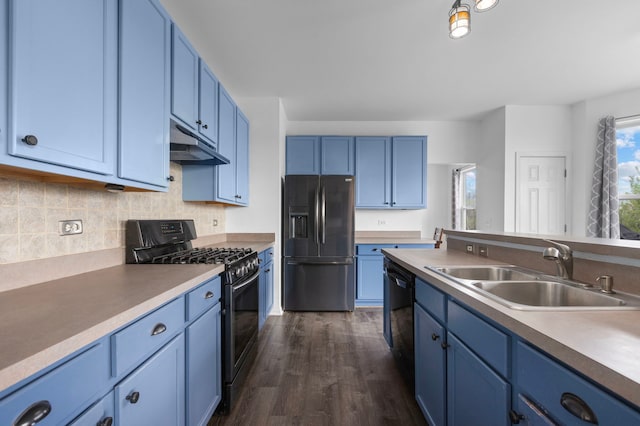 1904 Heron View Way, Round Lake, IL 60073 - kitchen with refrigerator with ice dispenser, gas range, a sink, under cabinet range hood, and blue cabinets