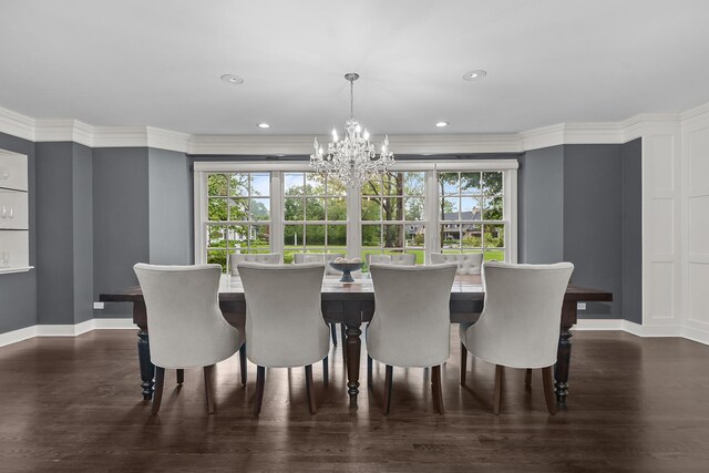 280 Old Farm Rd, Northfield, IL 60093 - dining area featuring a chandelier, baseboards, dark wood-style flooring, recessed lighting, and crown molding