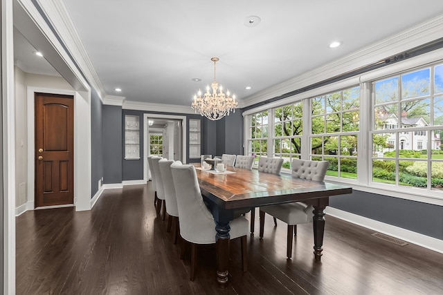 280 Old Farm Rd, Northfield, IL 60093 - dining room featuring a chandelier, baseboards, dark wood-style floors, ornamental molding, and recessed lighting