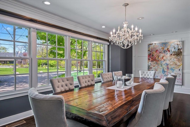 280 Old Farm Rd, Northfield, IL 60093 - dining room featuring plenty of natural light, a chandelier, crown molding, baseboards, and dark wood-style floors