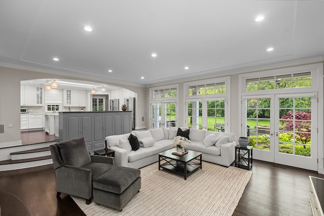 280 Old Farm Rd, Northfield, IL 60093 - living room with arched walkways, french doors, ornamental molding, dark wood-style floors, and recessed lighting