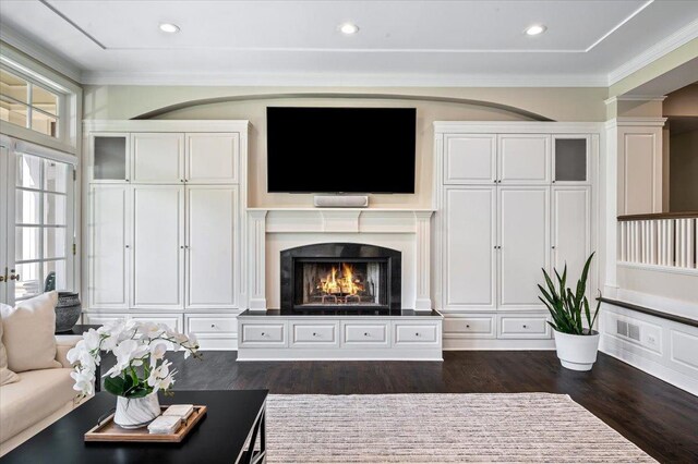 280 Old Farm Rd, Northfield, IL 60093 - living area featuring dark wood-style flooring, a lit fireplace, ornamental molding, ornate columns, and recessed lighting