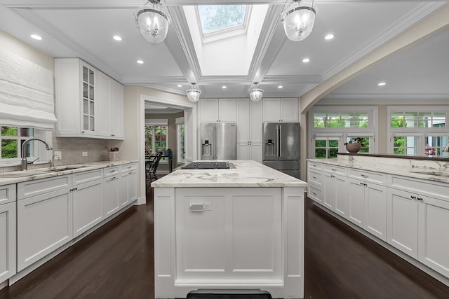 280 Old Farm Rd, Northfield, IL 60093 - kitchen with appliances with stainless steel finishes, dark wood-style floors, crown molding, white cabinets, and backsplash