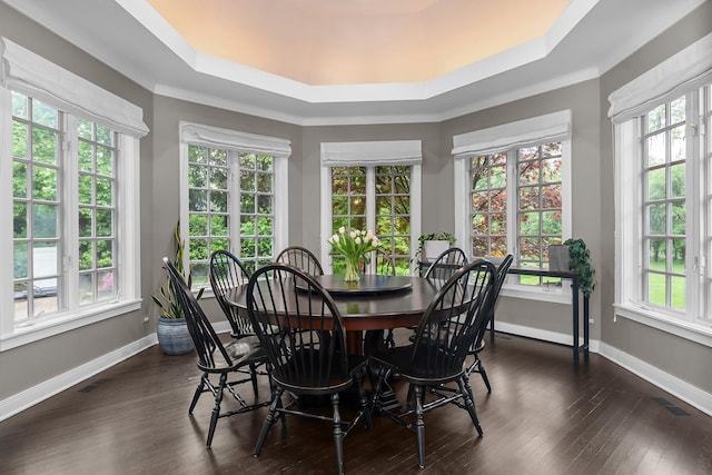 280 Old Farm Rd, Northfield, IL 60093 - dining space featuring a raised ceiling, dark wood-style floors, baseboards, and ornamental molding