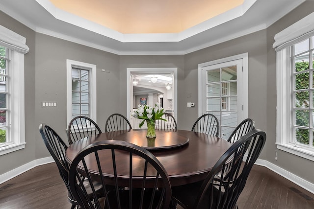 280 Old Farm Rd, Northfield, IL 60093 - dining space with plenty of natural light, a tray ceiling, and dark wood finished floors