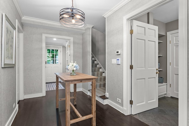 280 Old Farm Rd, Northfield, IL 60093 - entryway featuring stairway, crown molding, dark wood-type flooring, baseboards, and a chandelier