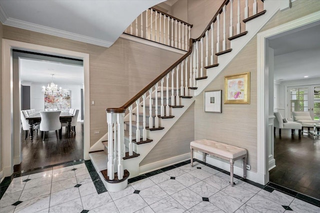280 Old Farm Rd, Northfield, IL 60093 - stairs featuring baseboards, ornamental molding, a chandelier, and marble finish flooring