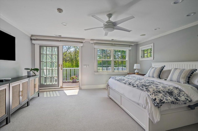 280 Old Farm Rd, Northfield, IL 60093 - bedroom with ornamental molding, access to exterior, light colored carpet, baseboards, and recessed lighting