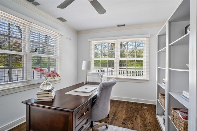 280 Old Farm Rd, Northfield, IL 60093 - office space featuring healthy amount of natural light, a ceiling fan, dark wood finished floors, ornamental molding, and baseboards