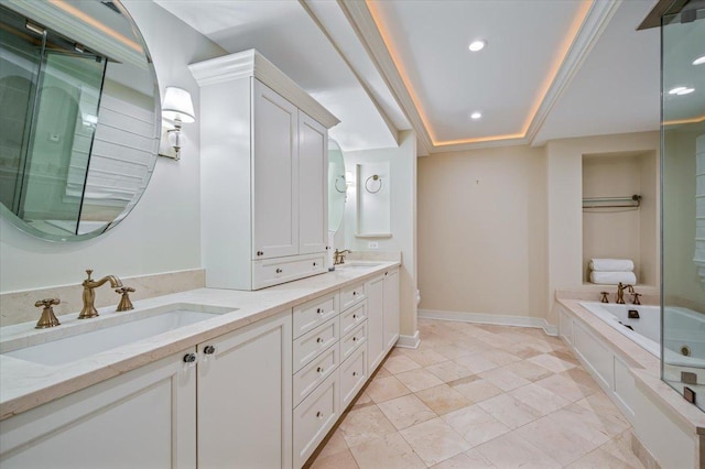 280 Old Farm Rd, Northfield, IL 60093 - full bath with double vanity, a garden tub, recessed lighting, an enclosed shower, and baseboards