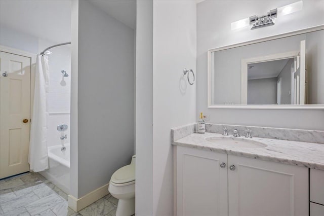 280 Old Farm Rd, Northfield, IL 60093 - full bath with vanity, shower / bath combo, toilet, baseboards, and marble look tile flooring