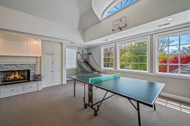 280 Old Farm Rd, Northfield, IL 60093 - recreation room featuring carpet flooring, a fireplace, baseboards, and recessed lighting