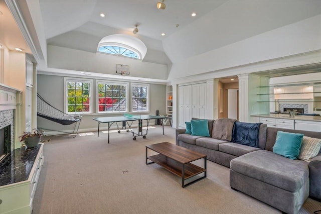 280 Old Farm Rd, Northfield, IL 60093 - living room with a premium fireplace, light carpet, recessed lighting, and high vaulted ceiling