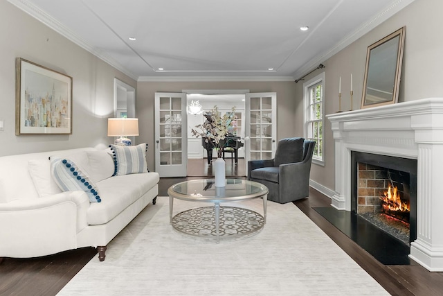 280 Old Farm Rd, Northfield, IL 60093 - living room featuring a lit fireplace, dark wood-style flooring, recessed lighting, crown molding, and french doors