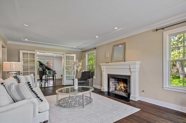 280 Old Farm Rd, Northfield, IL 60093 - living room with crown molding, wood finished floors, a fireplace with flush hearth, baseboards, and recessed lighting