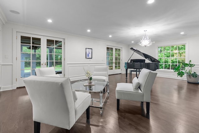 280 Old Farm Rd, Northfield, IL 60093 - living room featuring french doors, crown molding, a decorative wall, plenty of natural light, and dark wood finished floors