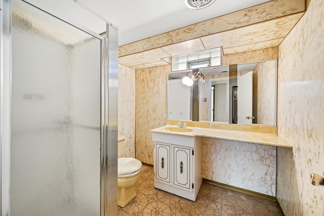 31 W 126th Pl, Chicago, IL 60628 - bathroom with vanity, visible vents, toilet, a stall shower, and wallpapered walls